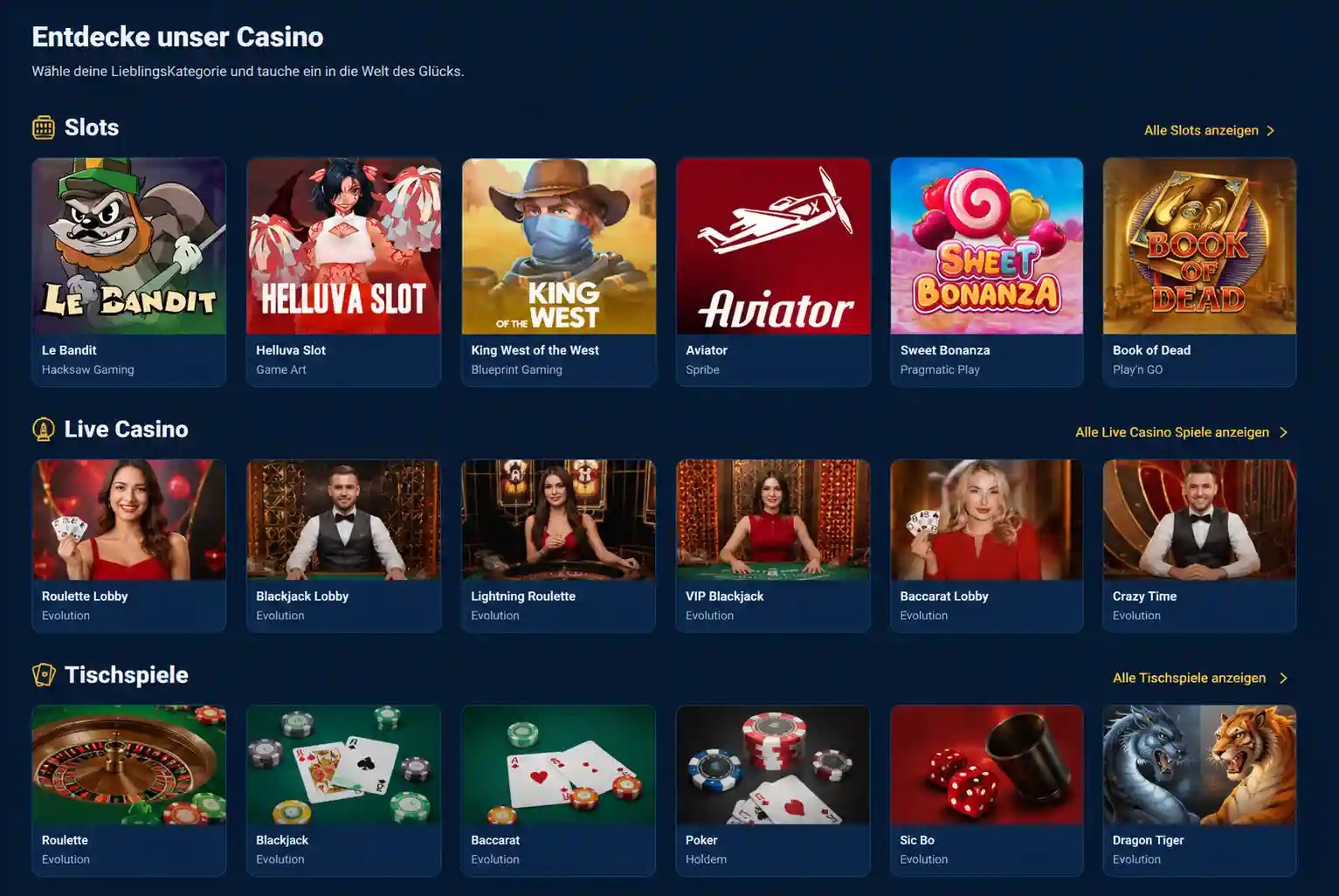 Spielelobby von Vipluck Casino mit Kategorien für Slots, Live Casino und Tischspiele