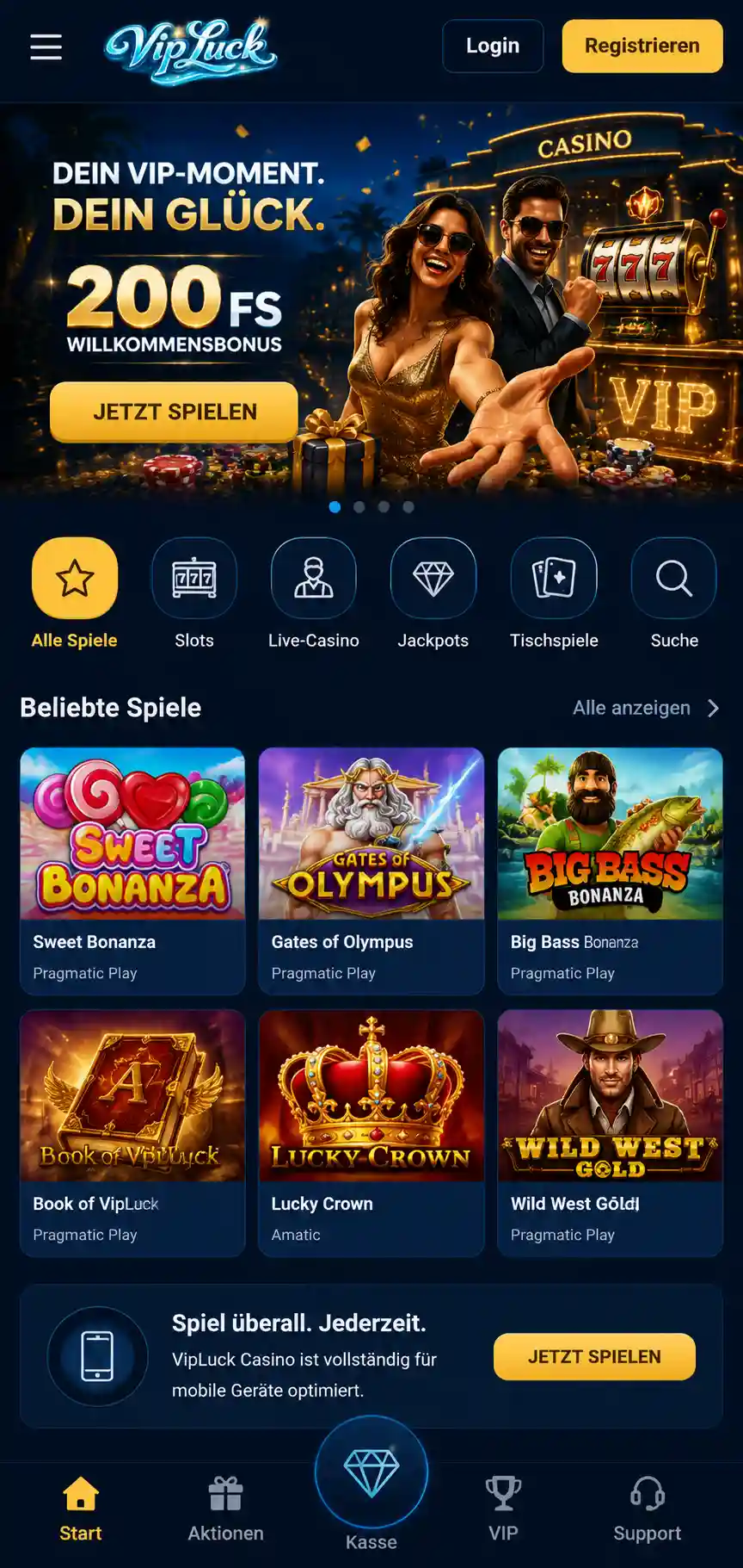 Mobile Ansicht der Vipluck-Casino-Startseite auf einem Smartphone