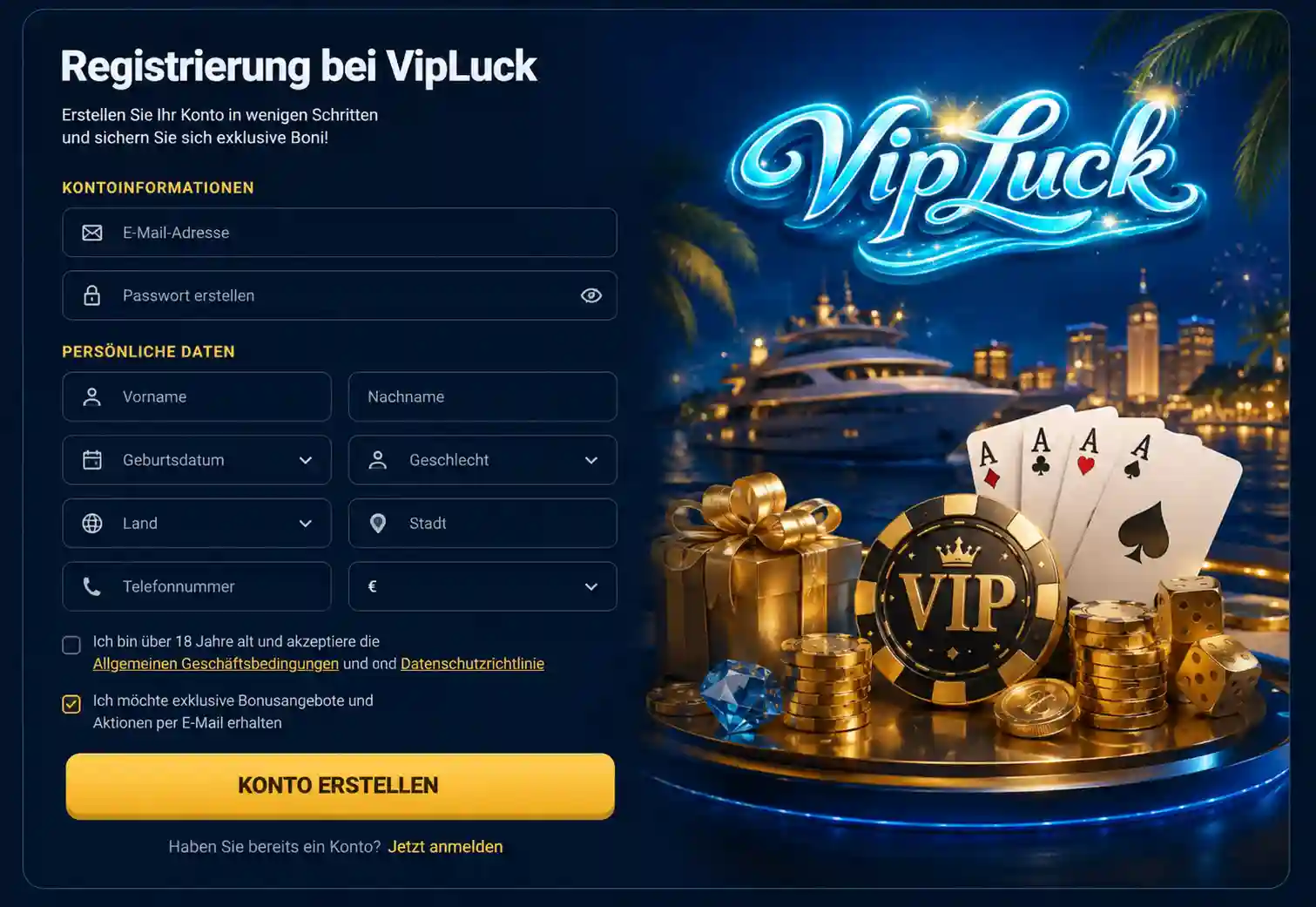 Registrierungsformular von Vipluck Casino mit Eingabefeldern für E-Mail, Benutzername und Passwort