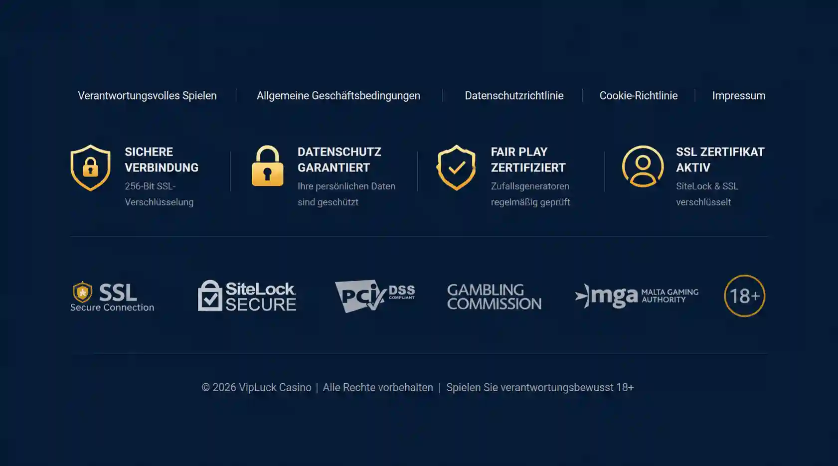 Sicherheitshinweise und Verschlüsselungssymbole im Fußbereich der Vipluck-Webseite