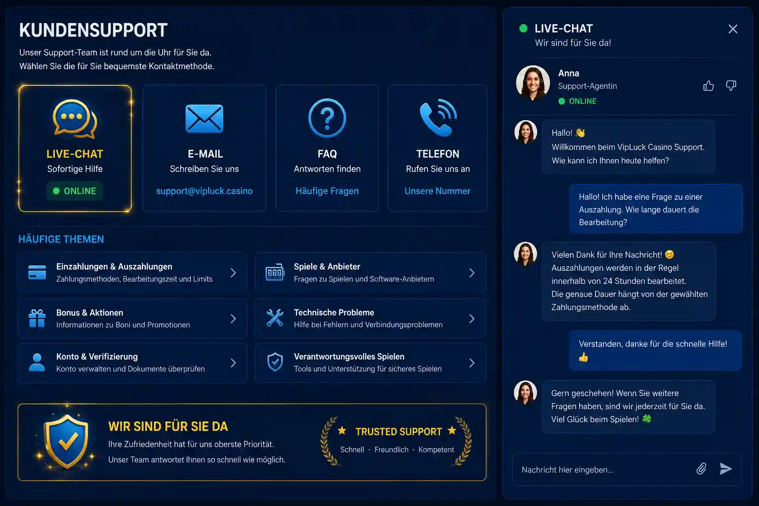 Support-Bereich von Vipluck Casino mit Live-Chat-Fenster und Kontaktoptionen