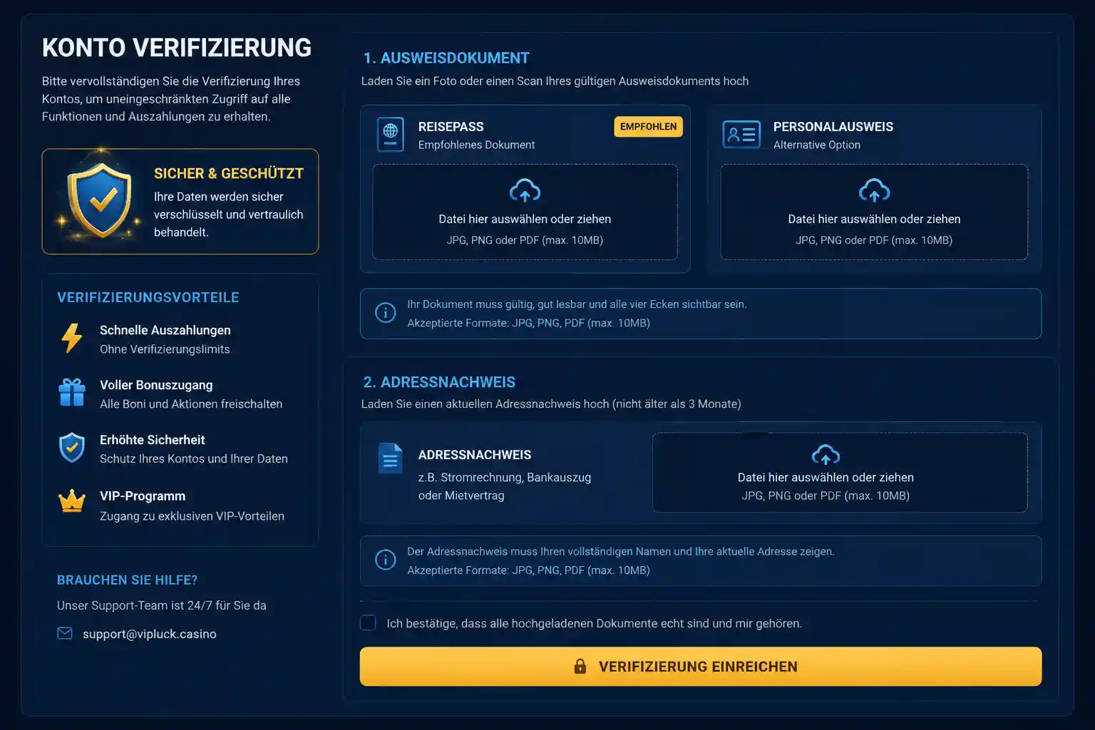 Verifizierungsbereich im Spielerkonto mit Upload-Funktion für Dokumente